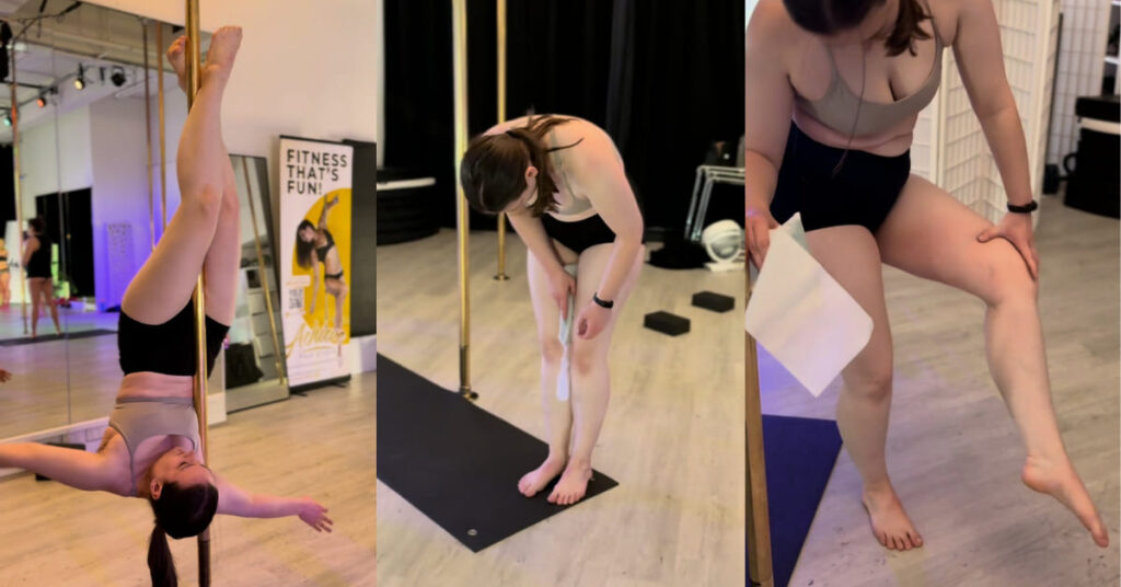 A beginner pole student with grip marks on her thighs, a normal part of learning pole dancing.
