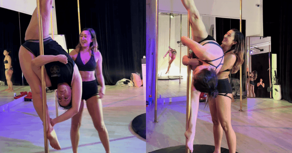 Instructor guiding a returning student through a spin at Achieve Pole Studio, Rosebery.