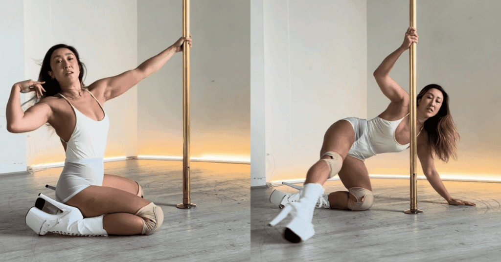 A pole dancer wearing kneepad to help pole bruises heal between classes.