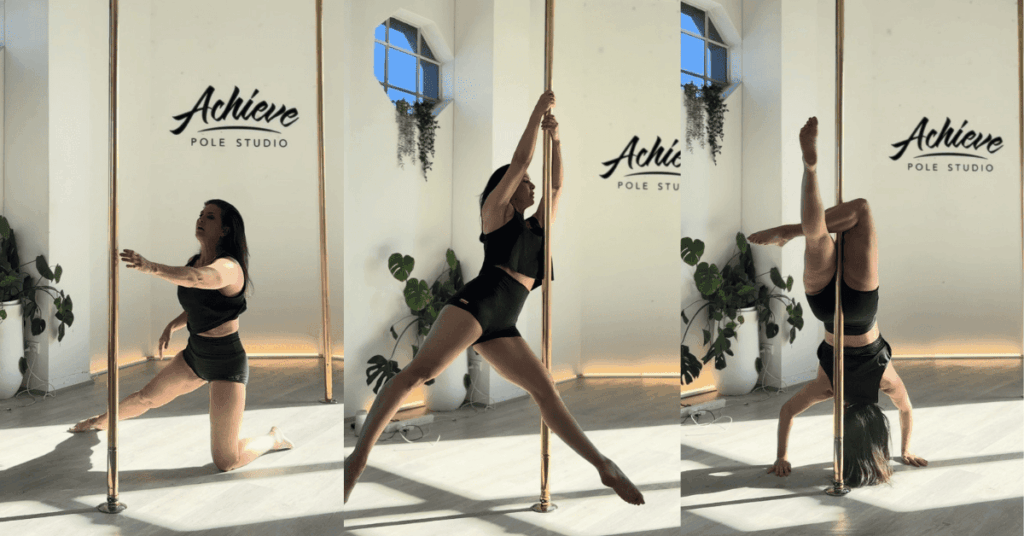 A student focusing on fundamentals as she returns to pole dancing after a break.