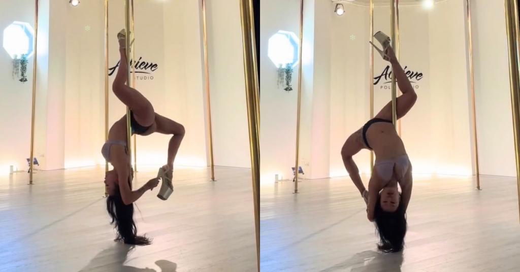 A busy woman fitting in a pole dancing workout during flexible off-peak hours at Achieve Pole Studio, Sydney.