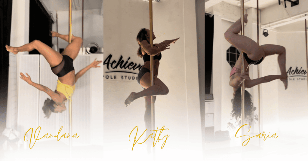 Instructor supporting a student through a low-pressure pole dancing class for stress relief.