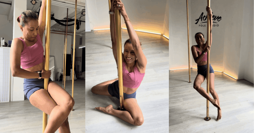 A real, unfiltered moment from a beginner pole class, not a polished highlight reel.