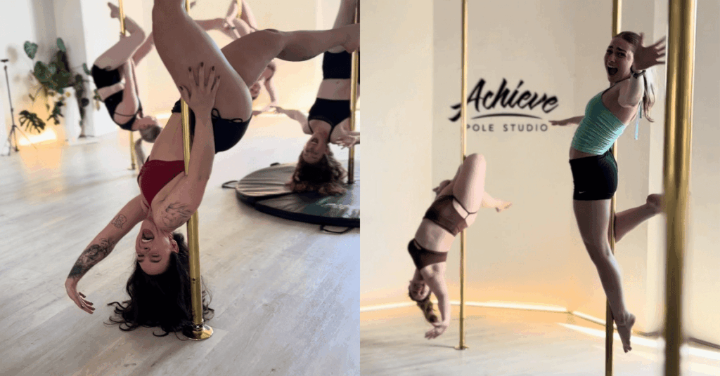 Pole students laughing together between classes at Achieve Pole Studio in Rosebery, Sydney